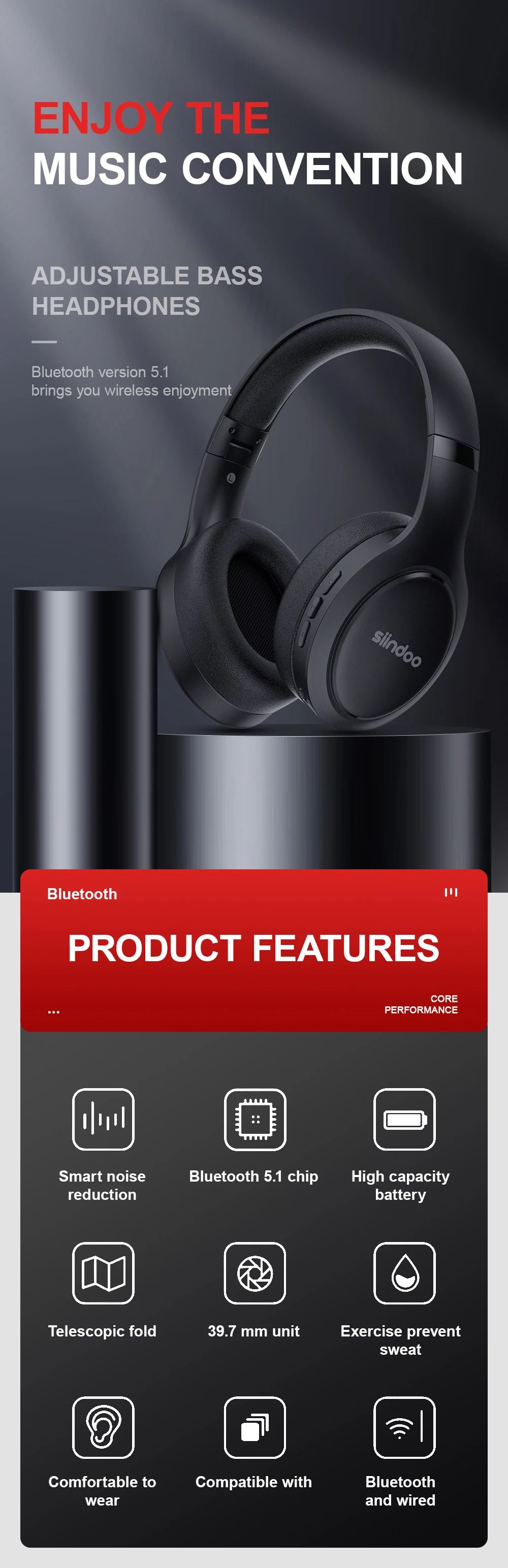 Siindoo Wireless Bluetooth Headphones